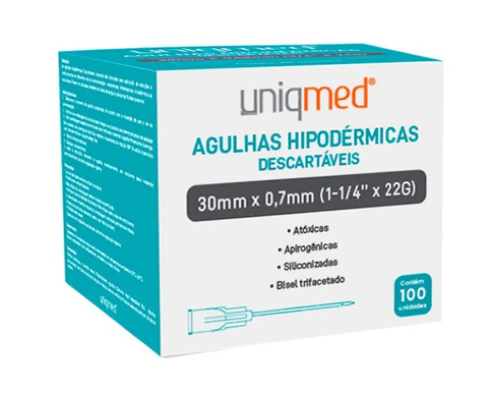 AGULHA DESCARTáVEL HIPODéRMICA (CAIXA COM 100 UNIDADES) - UNIQMED 30x07mm
