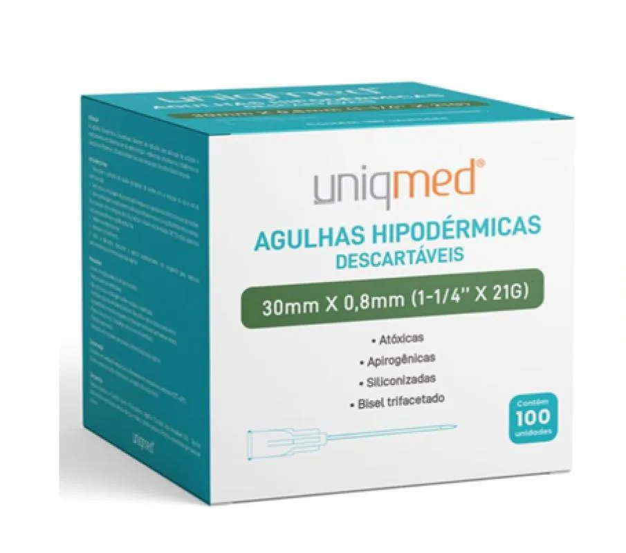 AGULHA DESCARTáVEL HIPODéRMICA (CAIXA COM 100 UNIDADES) - UNIQMED 30x08mm