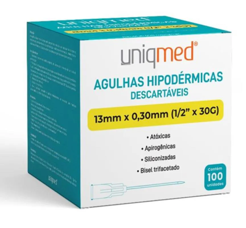 AGULHA DESCARTáVEL HIPODéRMICA (CAIXA COM 100 UNIDADES) - UNIQMED 13x03mm
