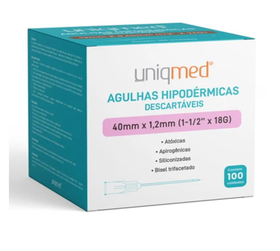 AGULHA DESCARTáVEL HIPODéRMICA (CAIXA COM 100 UNIDADES) - UNIQMED 40x12mm