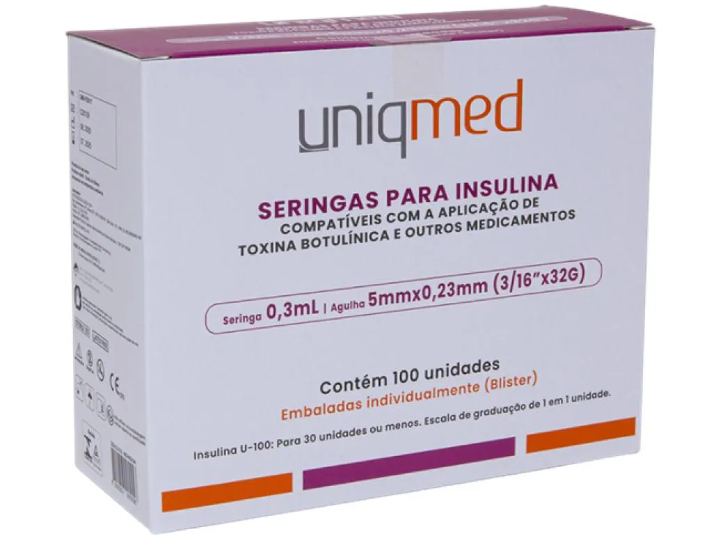 SERINGA 0,3ML COM AGULHA 5MM PARA INSULINA OU BOTOX 32G  (CAIXA COM 100 UNIDADES) - UNIQMED