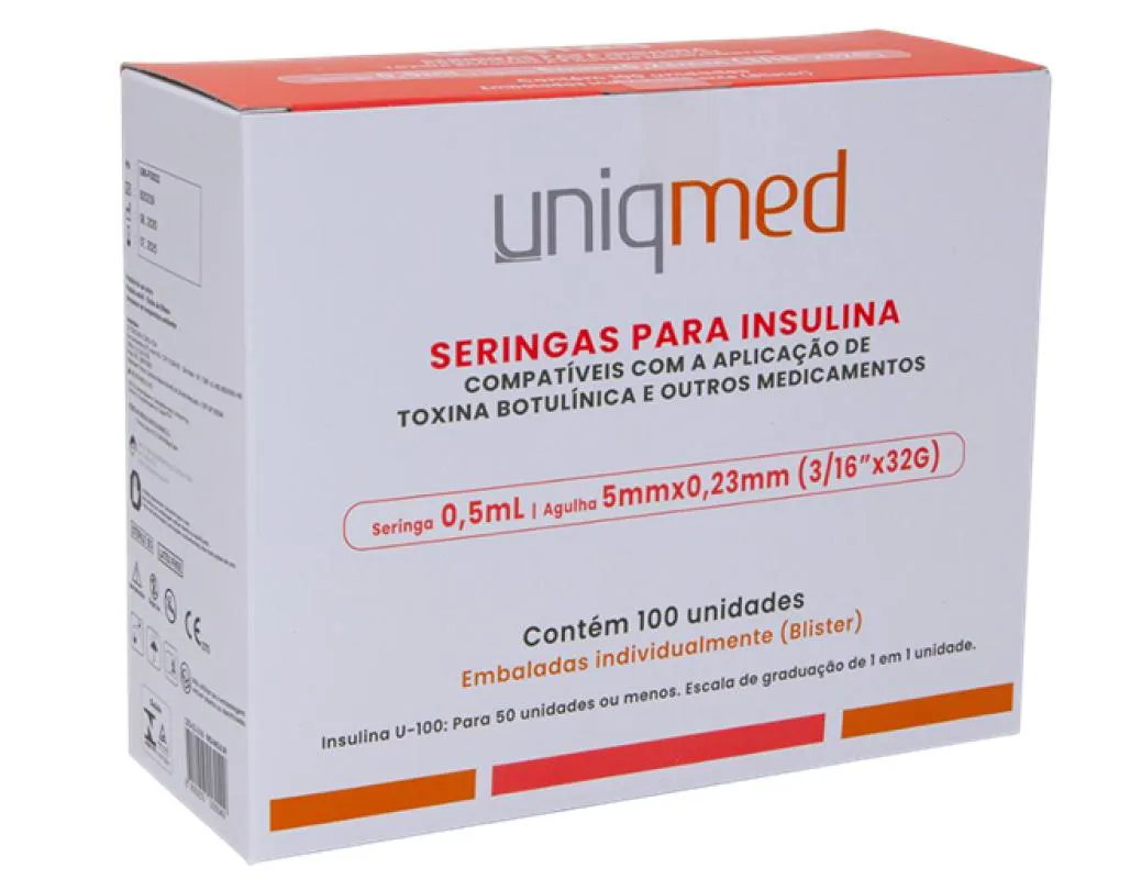 SERINGA 0,5ML COM AGULHA 5MM PARA INSULINA OU BOTOX 32G (CAIXA COM 100 UNIDADES) - UNIQMED 