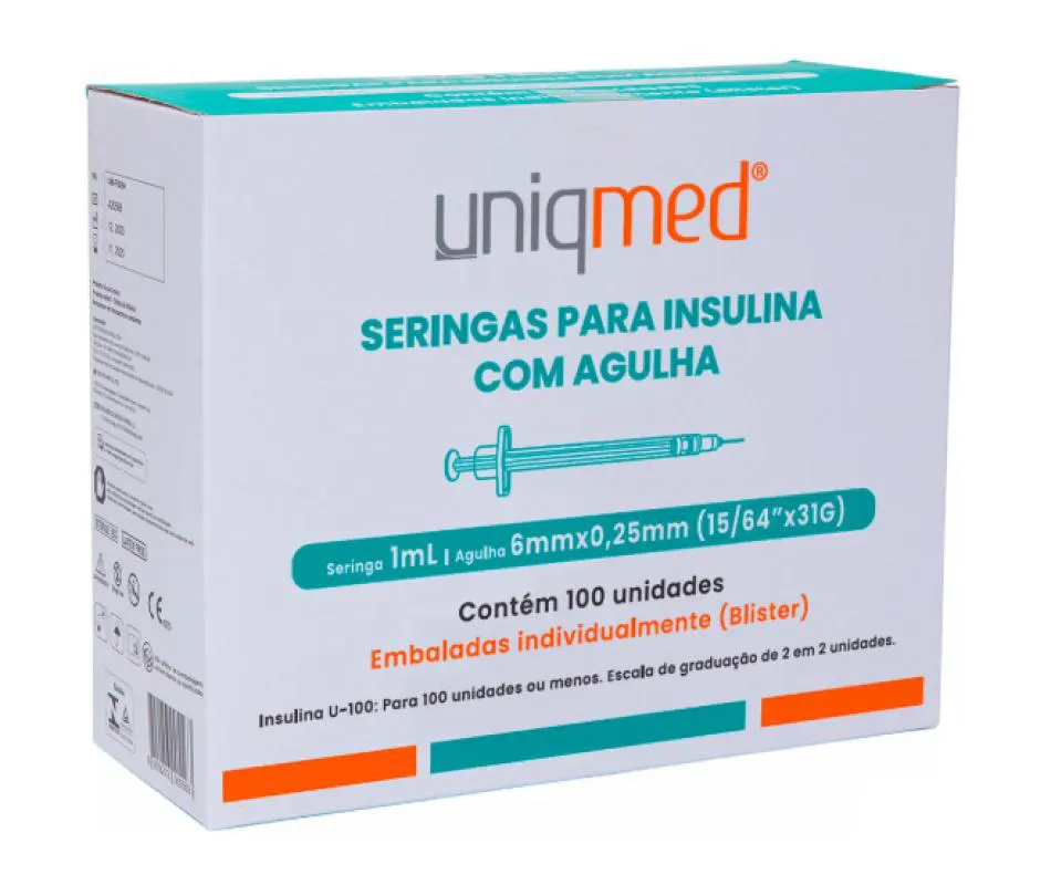 SERINGA 1,0ML COM AGULHA 5MM PARA INSULINA OU BOTOX 32G (CAIXA COM 100 UNIDADES) - UNIQMED
