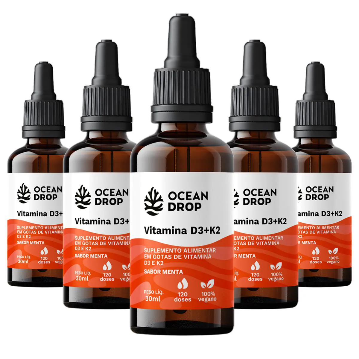 KIT 5 VITAMINA D3 + K2 EM GOTAS OCEAN DROP 30ML SABOR MENTA