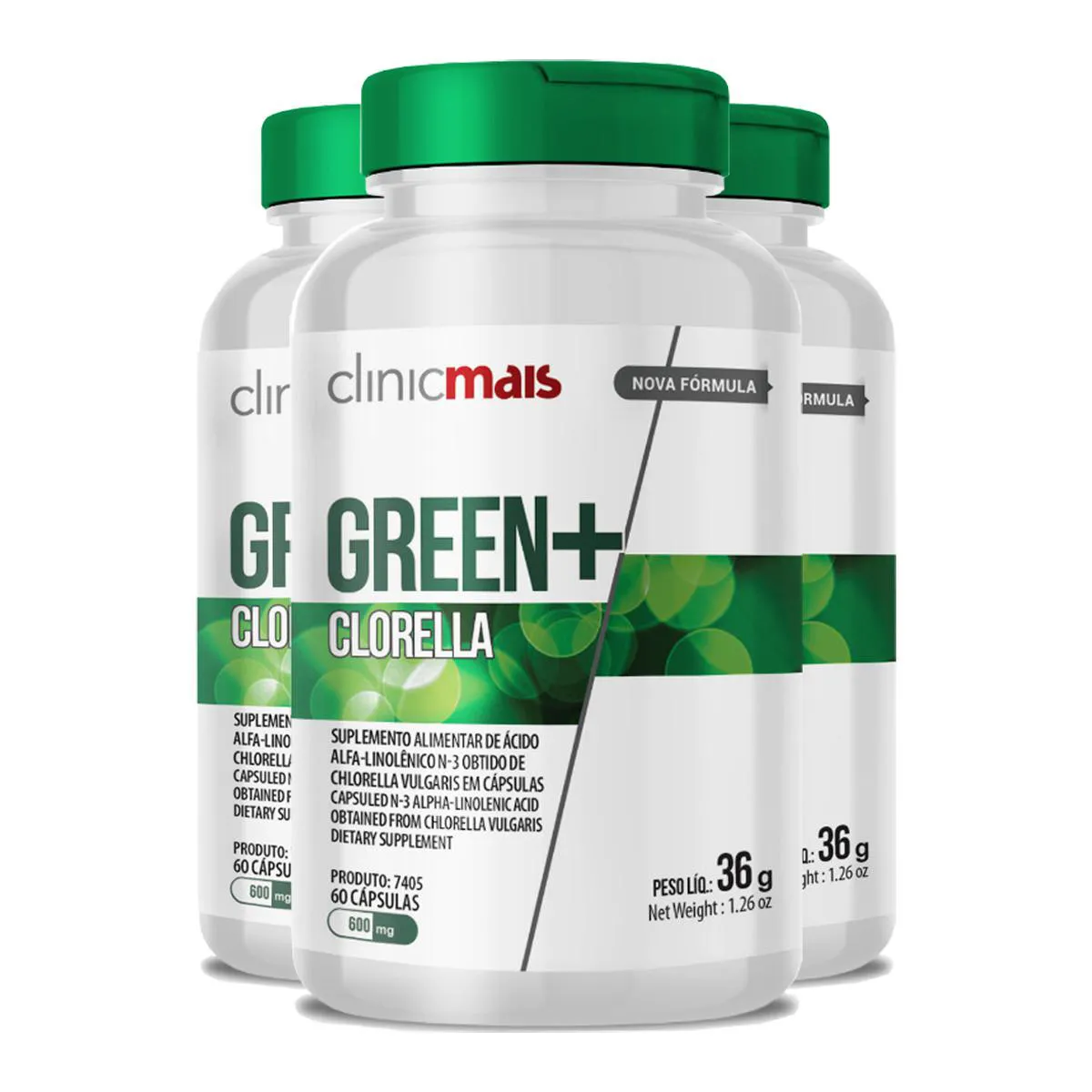 KIT 3 CLORELLA GREEN 600MG CLINIC MAIS 60 CáPSULAS