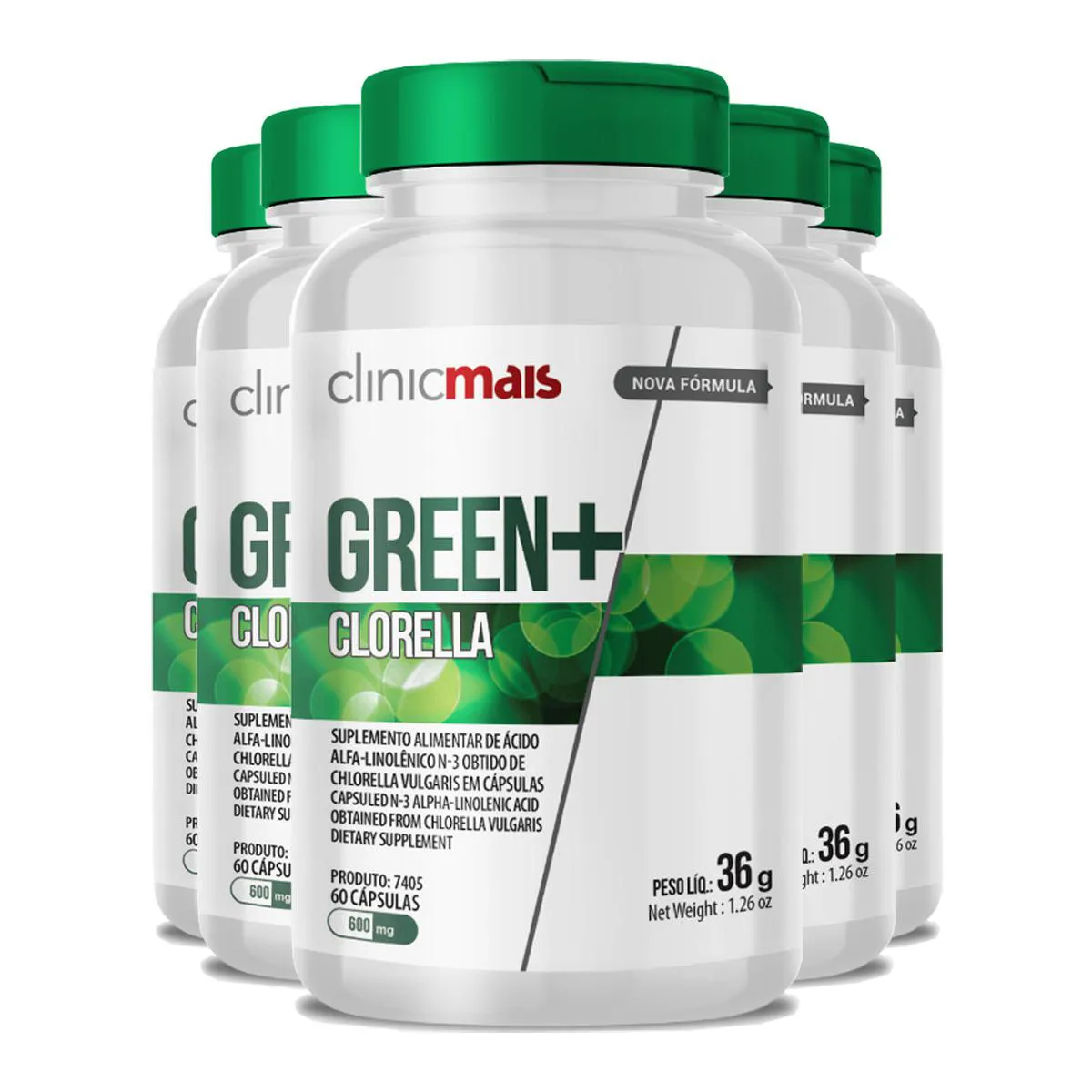 KIT 5 CLORELLA GREEN 600MG CLINIC MAIS 60 CáPSULAS