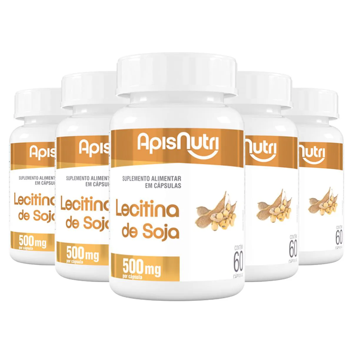 KIT 5 LECITINA DE SOJA 500MG APISNUTRI 60 CáPSULAS