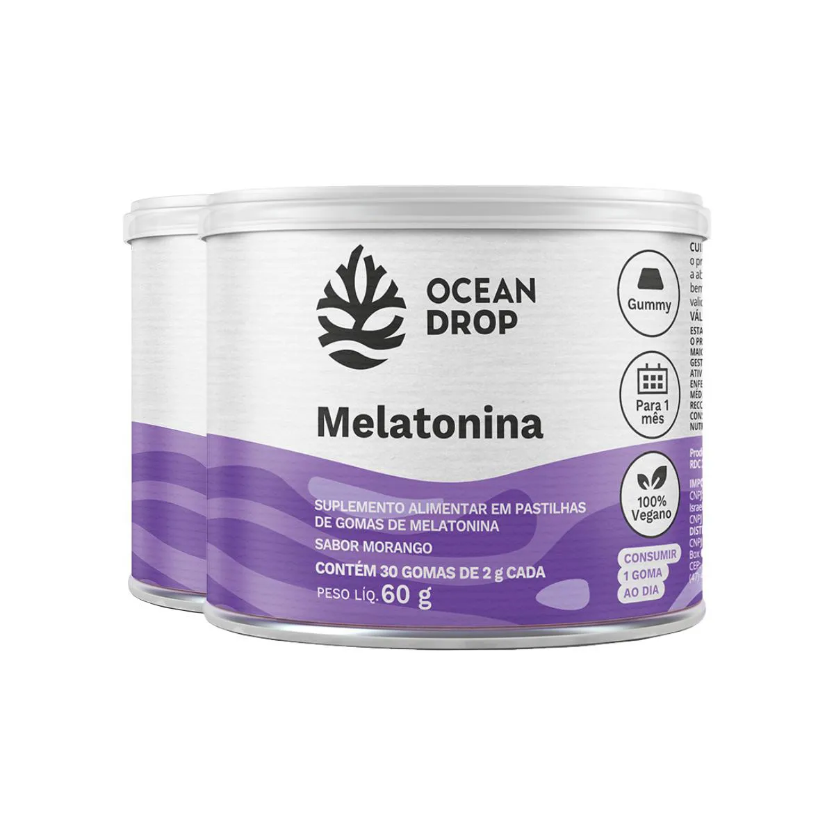 KIT 2 MELATONINA OCEAN DROP VEGANO 30 GOMAS SABOR MORANGO