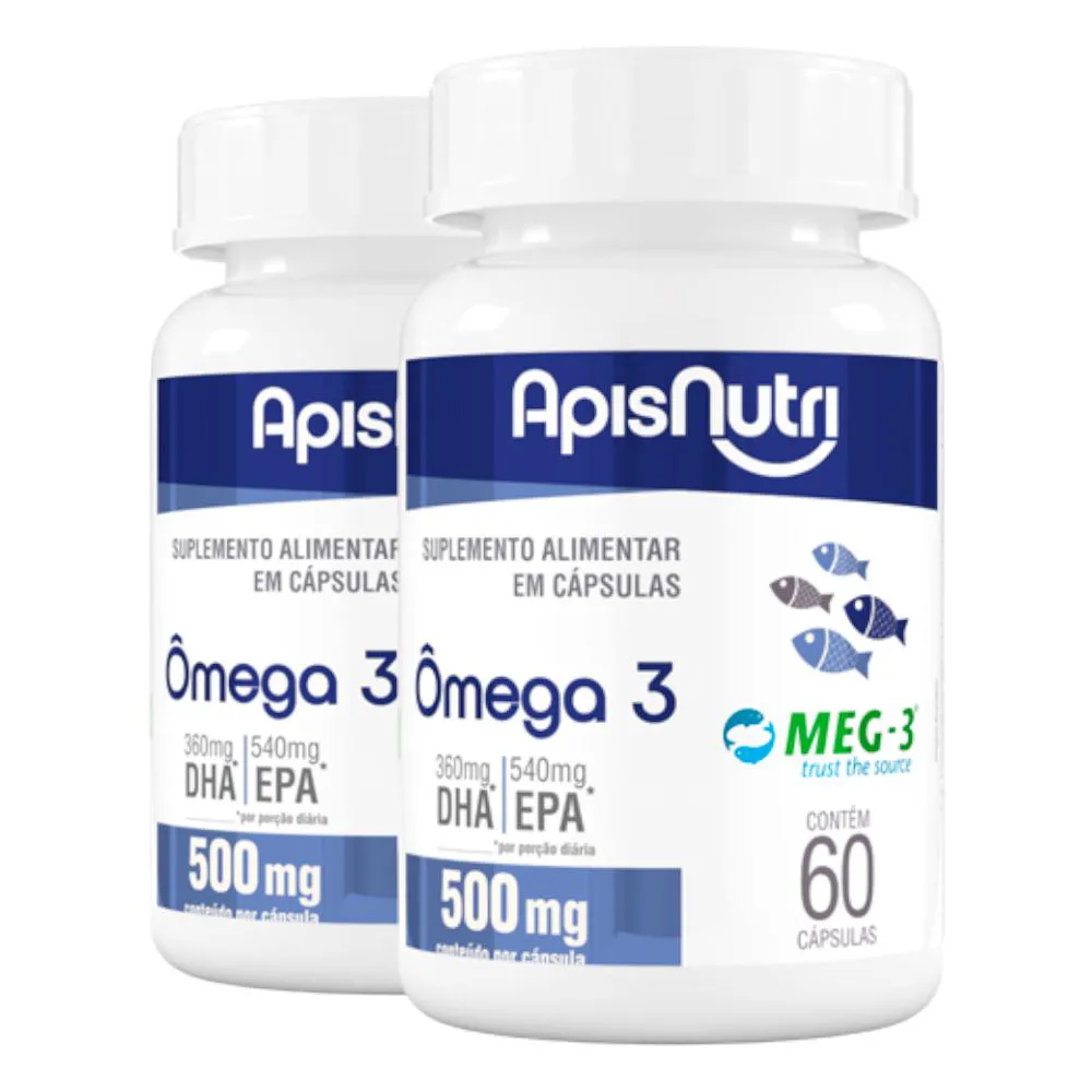 KIT 2 ÔMEGA 3 EPA DHA ÓLEO DE PEIXE MEG-3 APISNUTRI 60 CáPSULAS