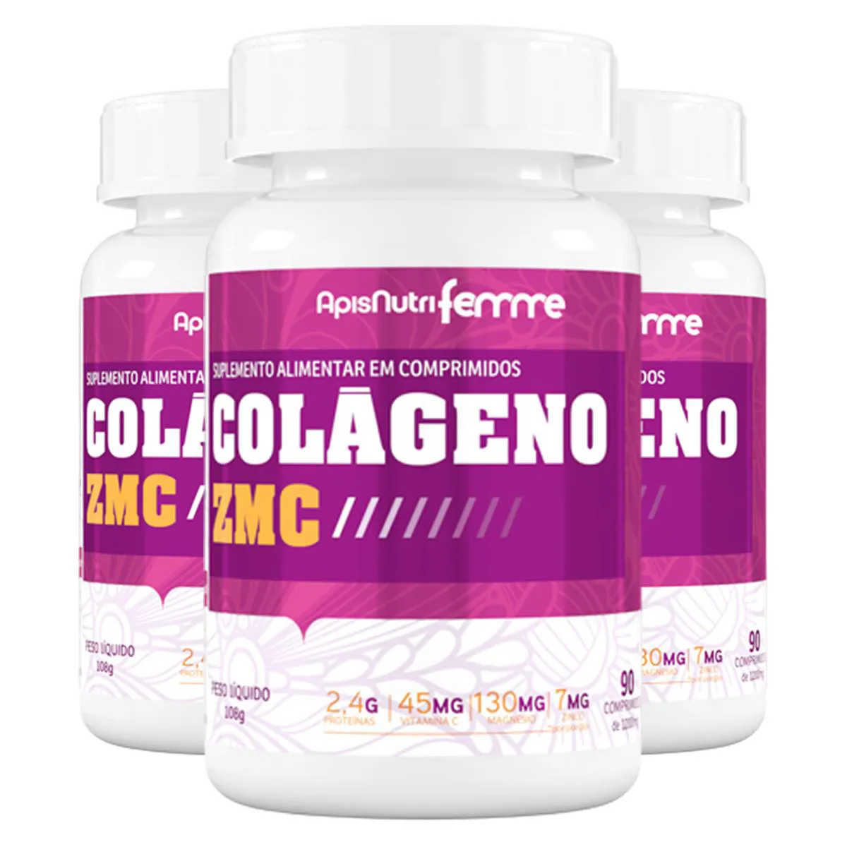 KIT 3 COLáGENO ZMC APISNUTRI FEMME 1200MG 90 COMPRIMIDOS