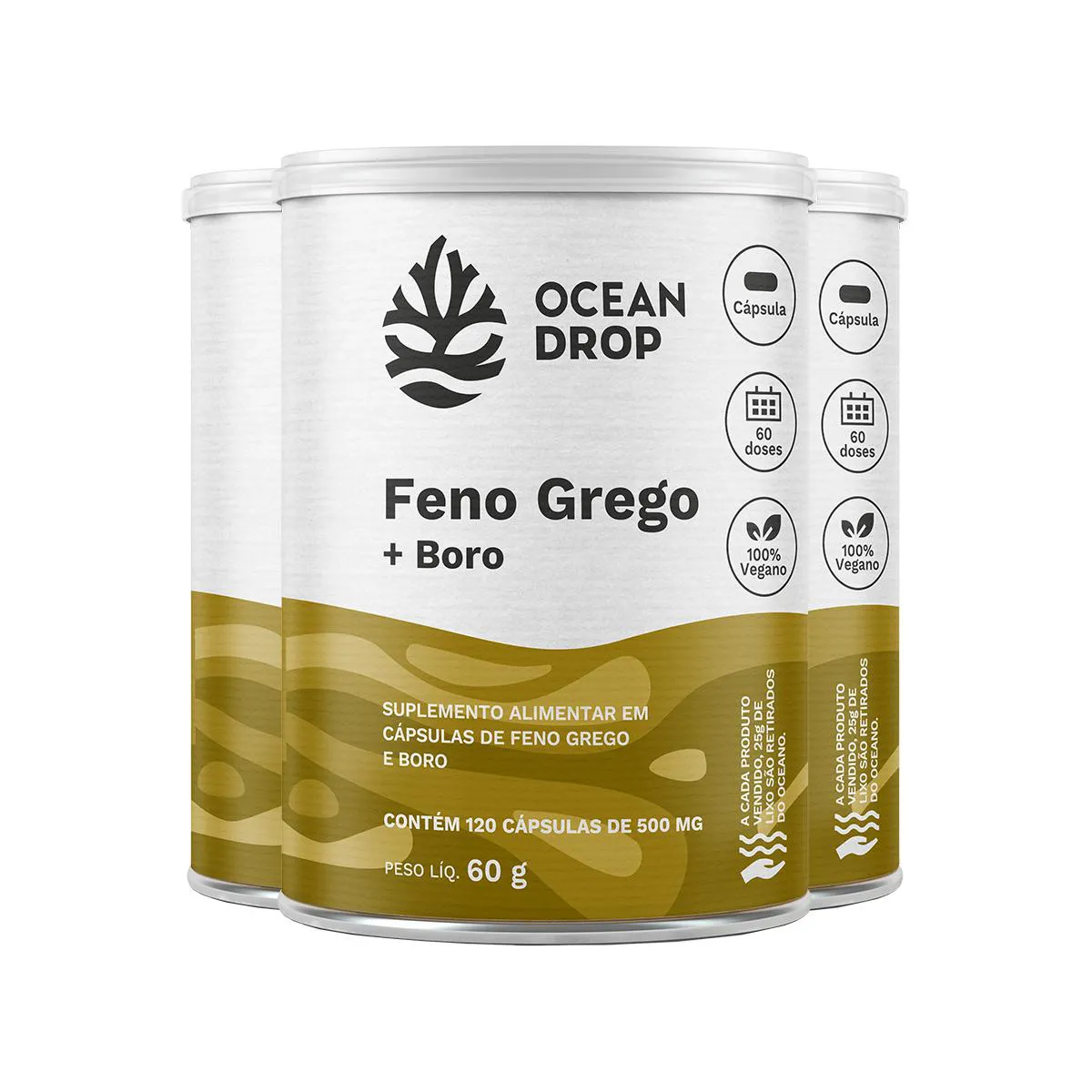 KIT 3 FENO GREGO + BORO OCEAN DROP VEGANO 120 CáPSULAS