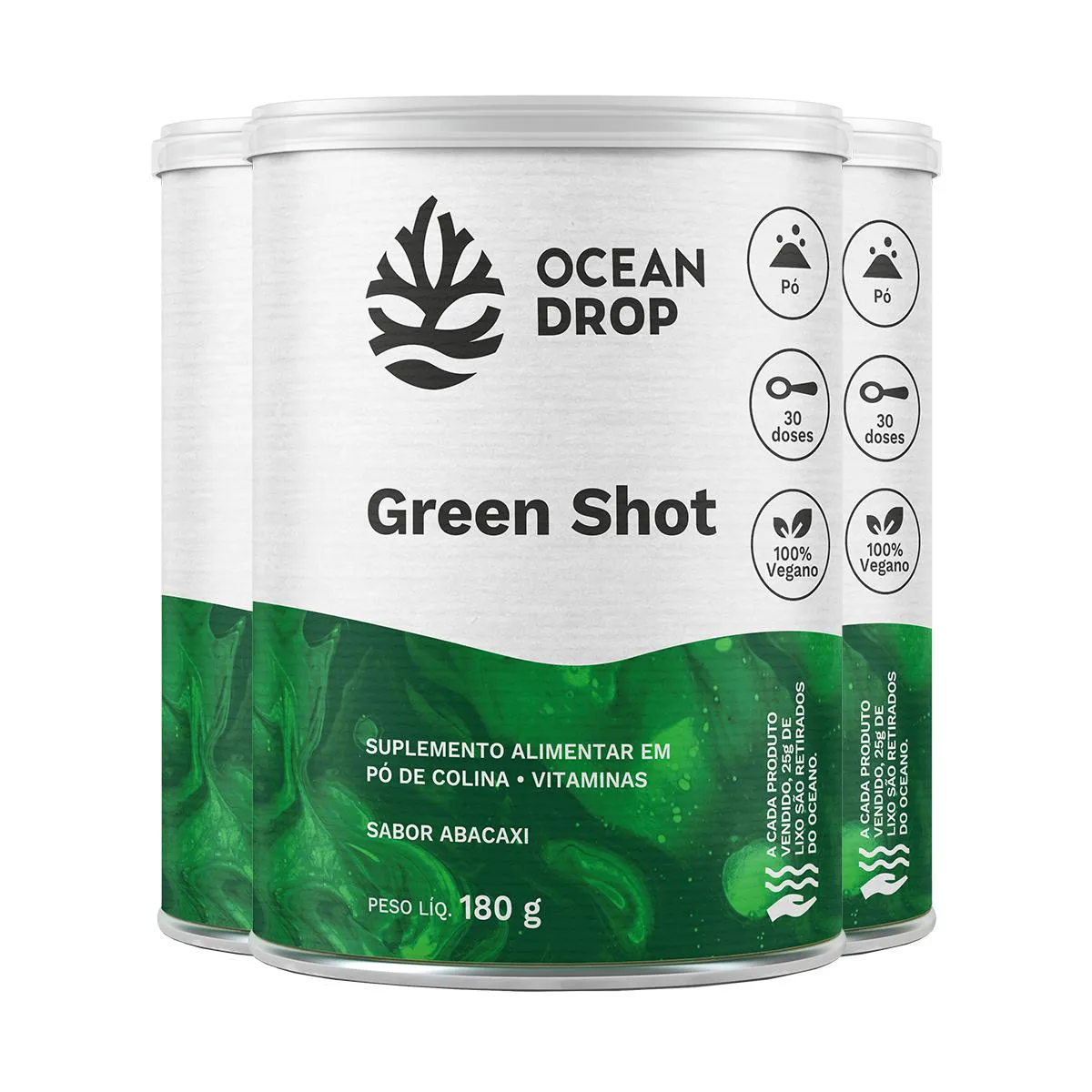 KIT 3 GREEN SHOT OCEAN DROP VEGANO 180G SABOR ABACAXI