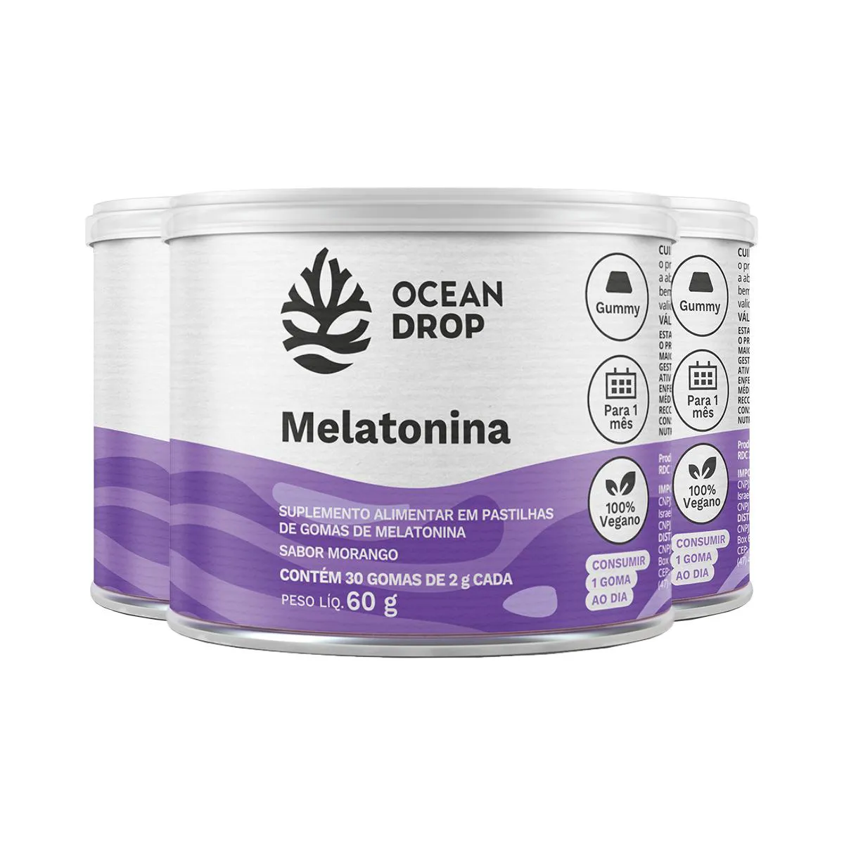 KIT 3 MELATONINA OCEAN DROP VEGANO 30 GOMAS SABOR MORANGO