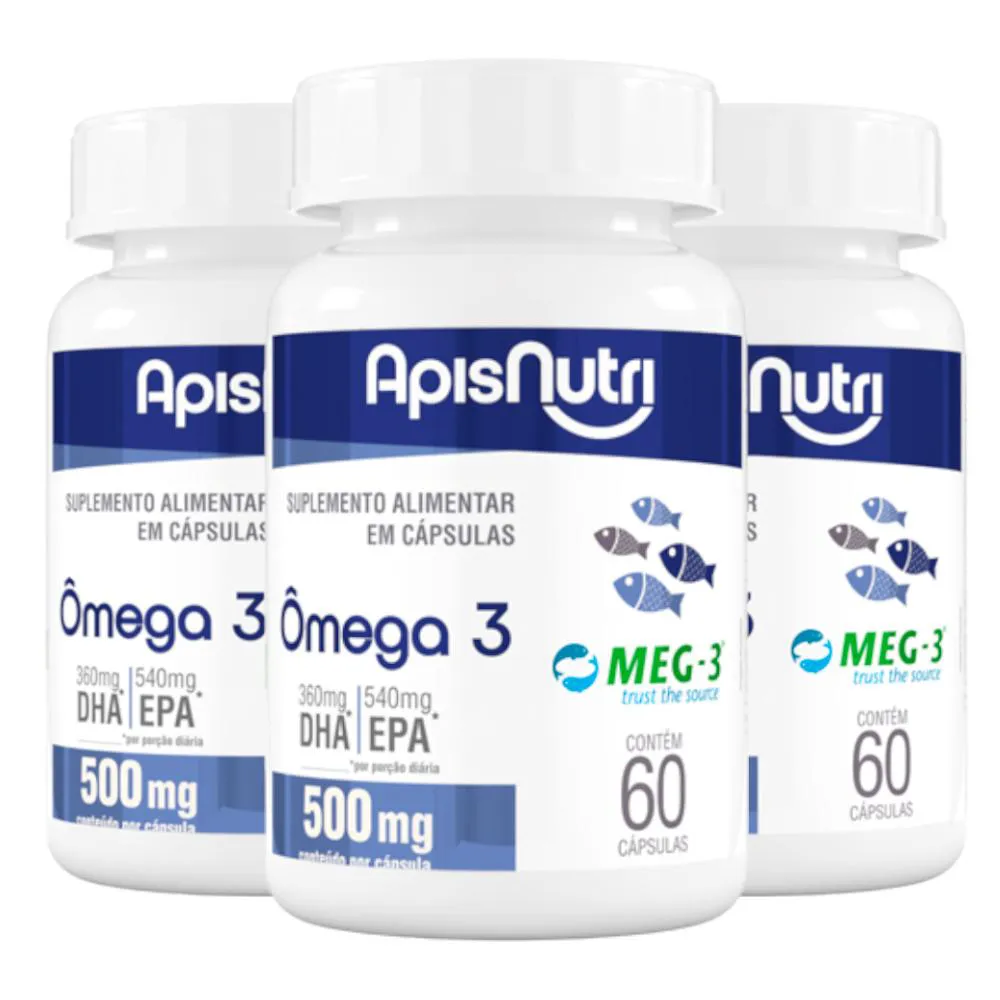 KIT 3 ÔMEGA 3 EPA DHA ÓLEO DE PEIXE MEG-3 APISNUTRI 60 CáPSULAS