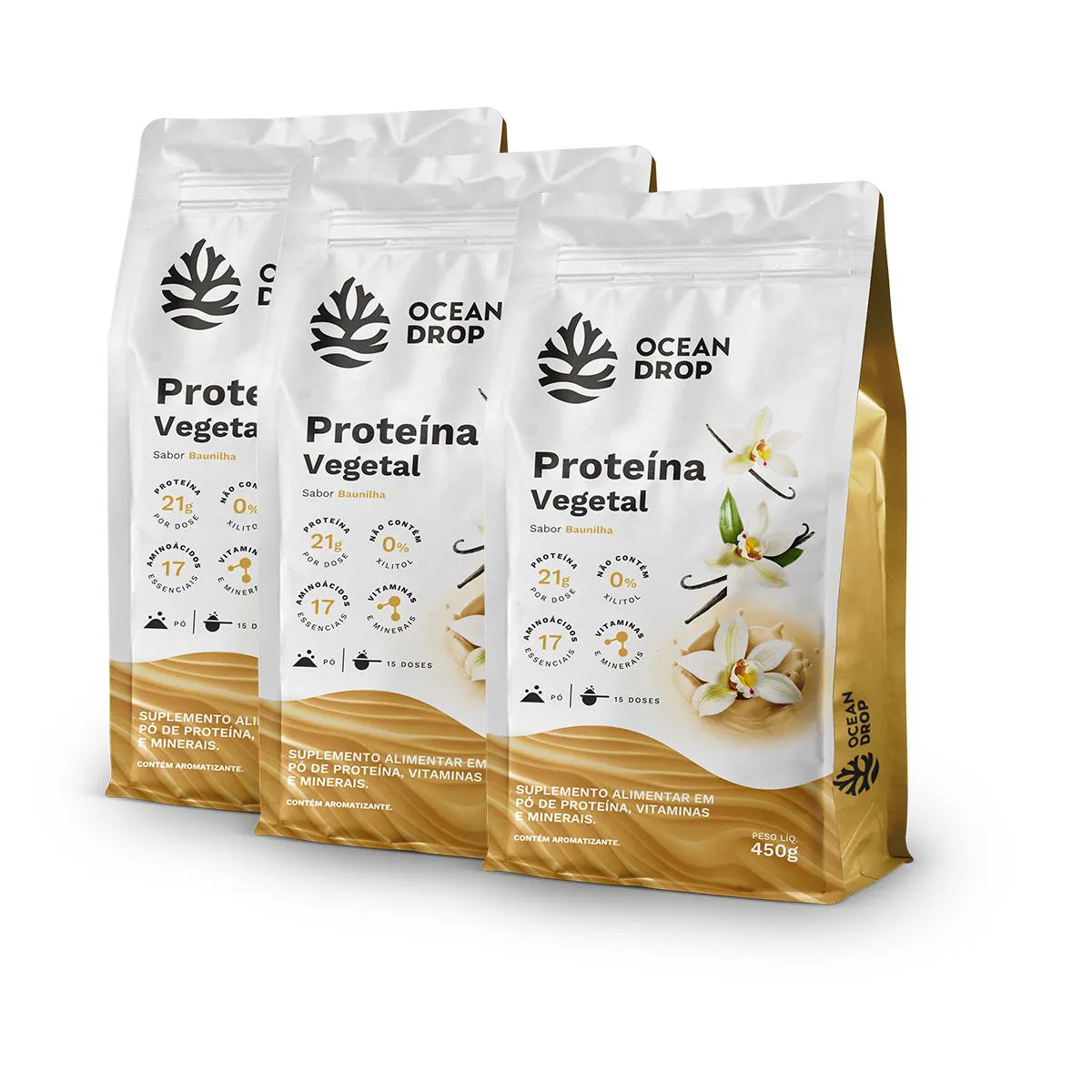 KIT 3 PROTEíNA VEGETAL OCEAN DROP 450G SABOR BAUNILHA