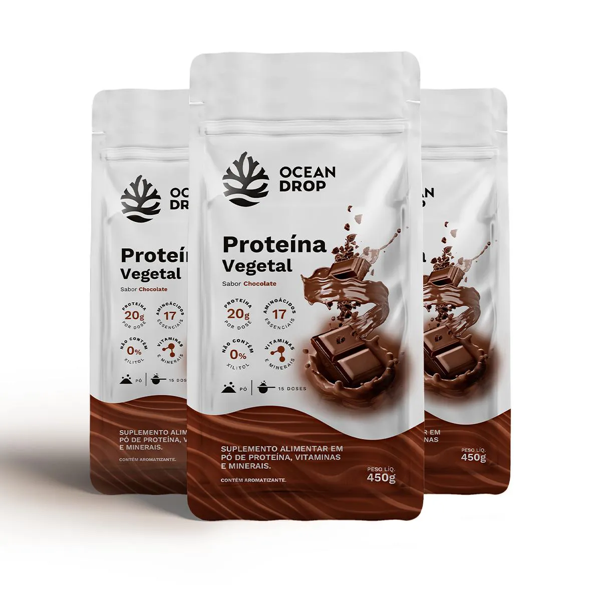 KIT 3 PROTEíNA VEGETAL OCEAN DROP 450G SABOR CHOCOLATE