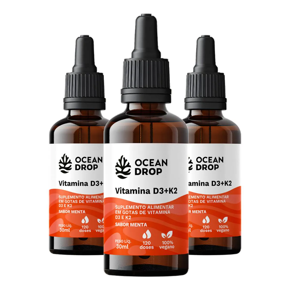 KIT 3 VITAMINA D3 + K2 EM GOTAS OCEAN DROP 30ML SABOR MENTA