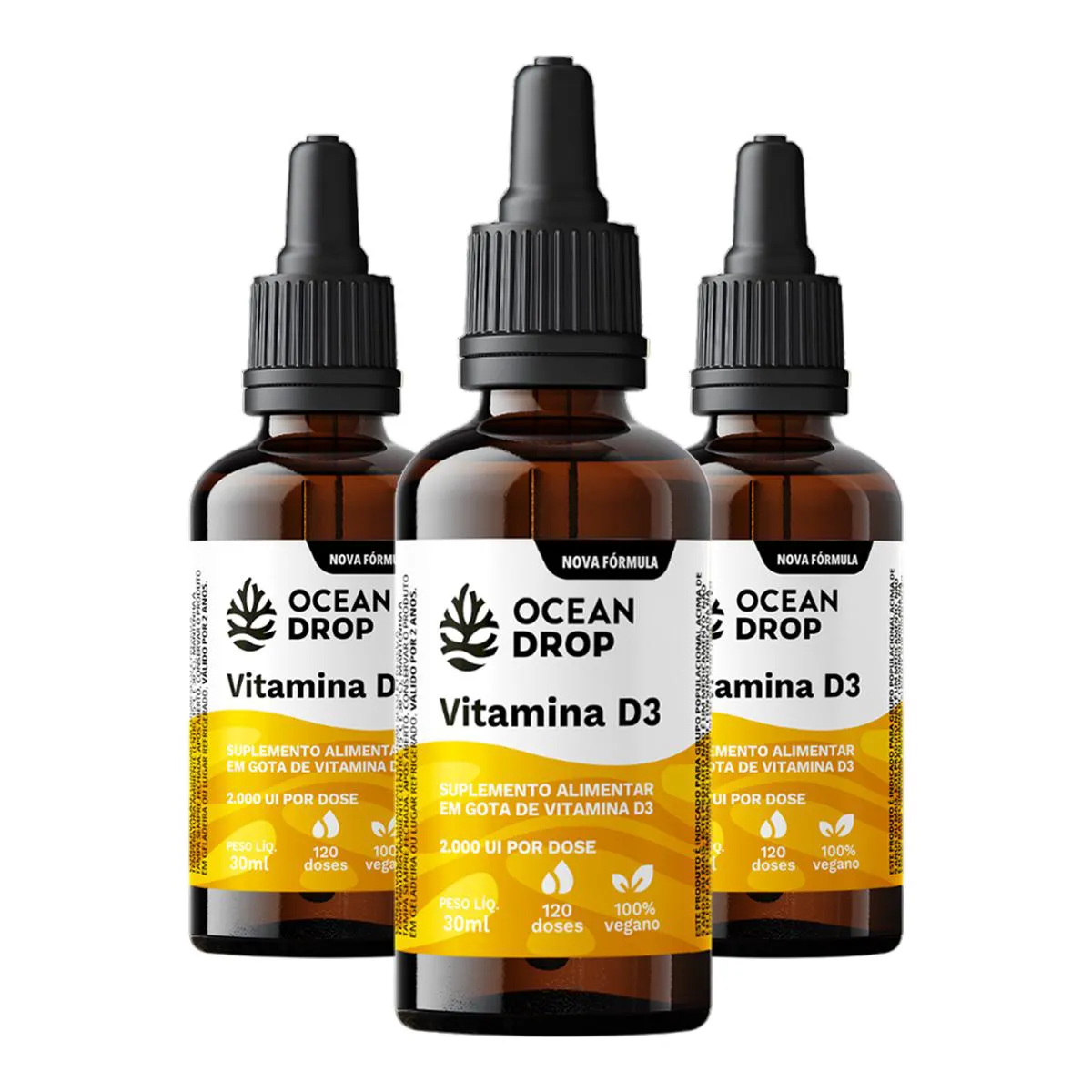 KIT 3 VITAMINA D3 2000 UI EM GOTAS OCEAN DROP VEGANA 30ML