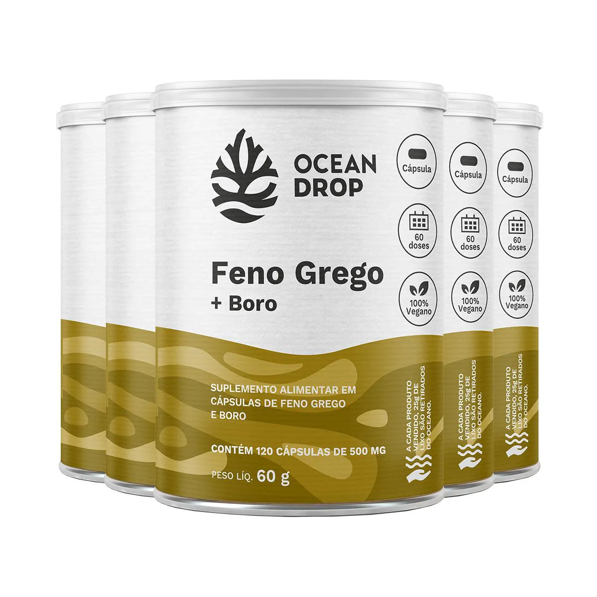 KIT 5 FENO GREGO + BORO OCEAN DROP VEGANO 120 CáPSULAS