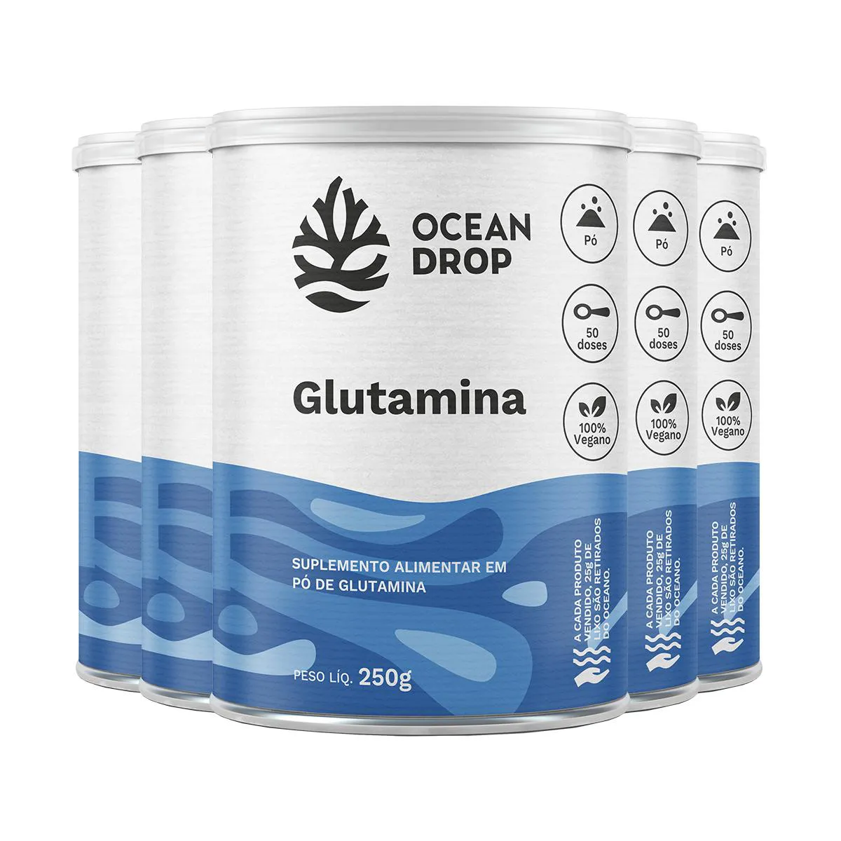 KIT 5 GLUTAMINA EM Pó OCEAN DROP VEGANO 250G