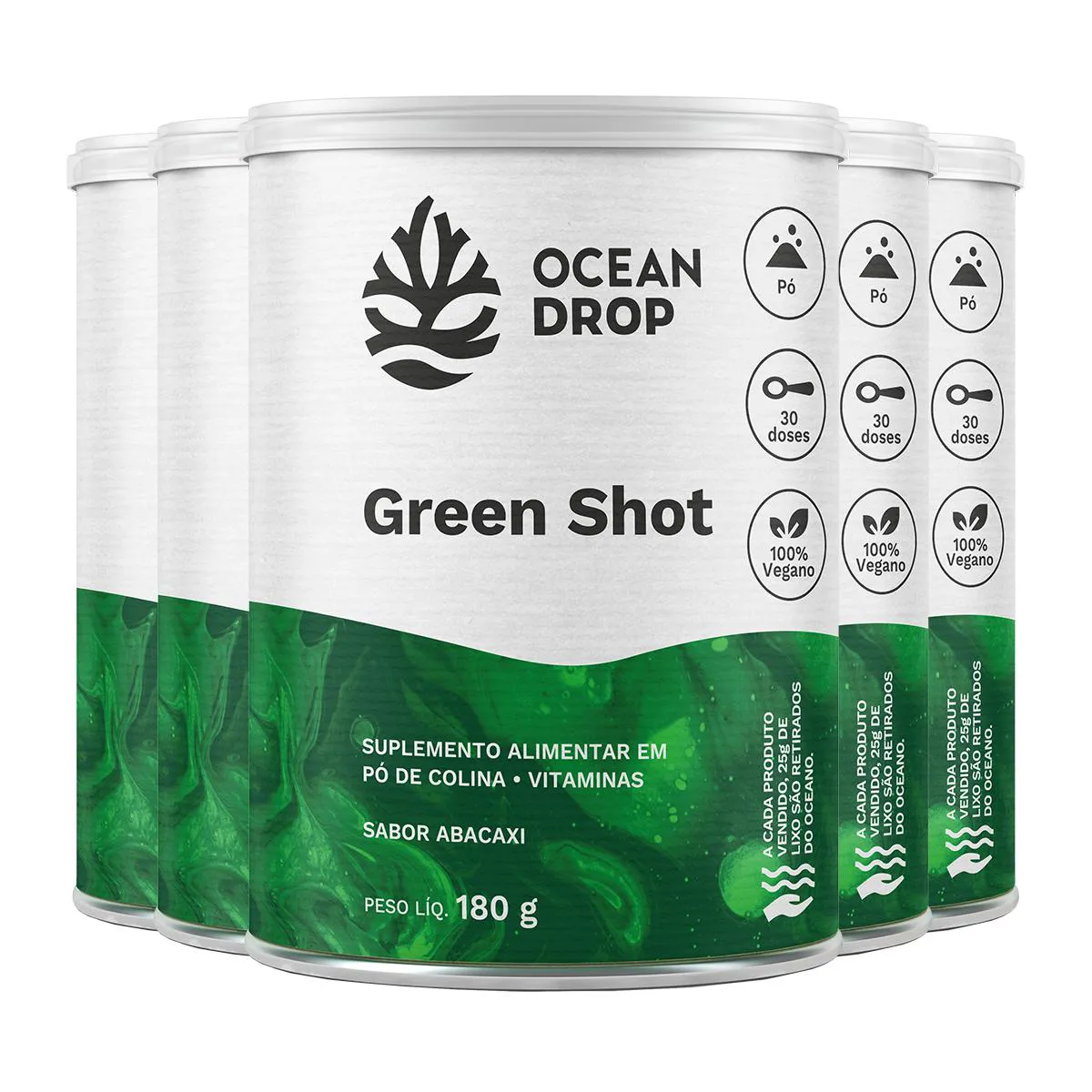 KIT 5 GREEN SHOT OCEAN DROP VEGANO 180G SABOR ABACAXI