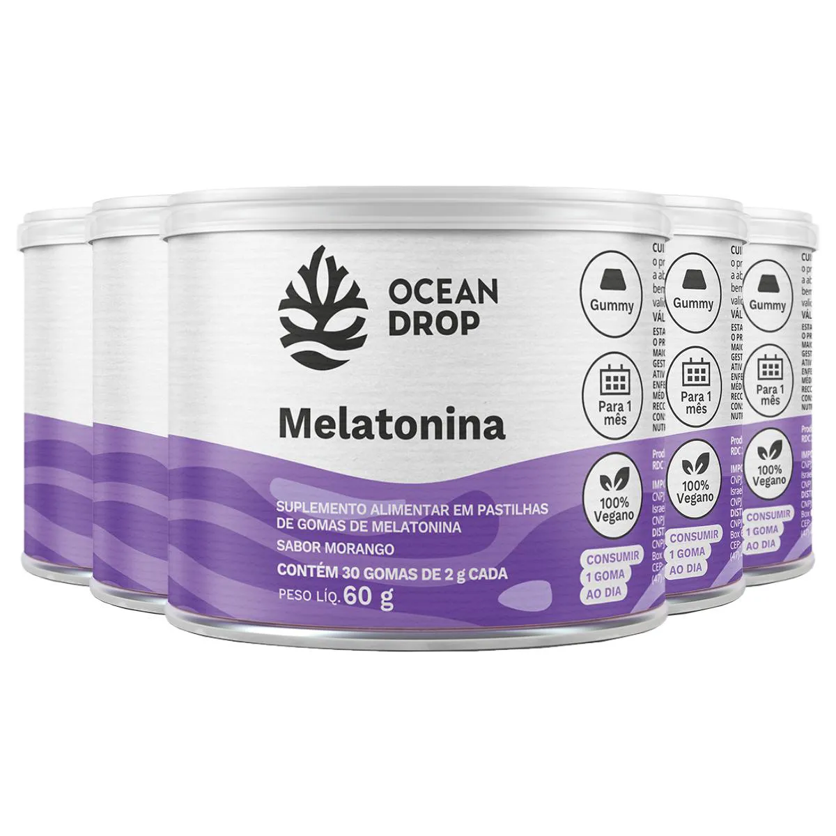 KIT 5 MELATONINA OCEAN DROP VEGANO 30 GOMAS SABOR MORANGO