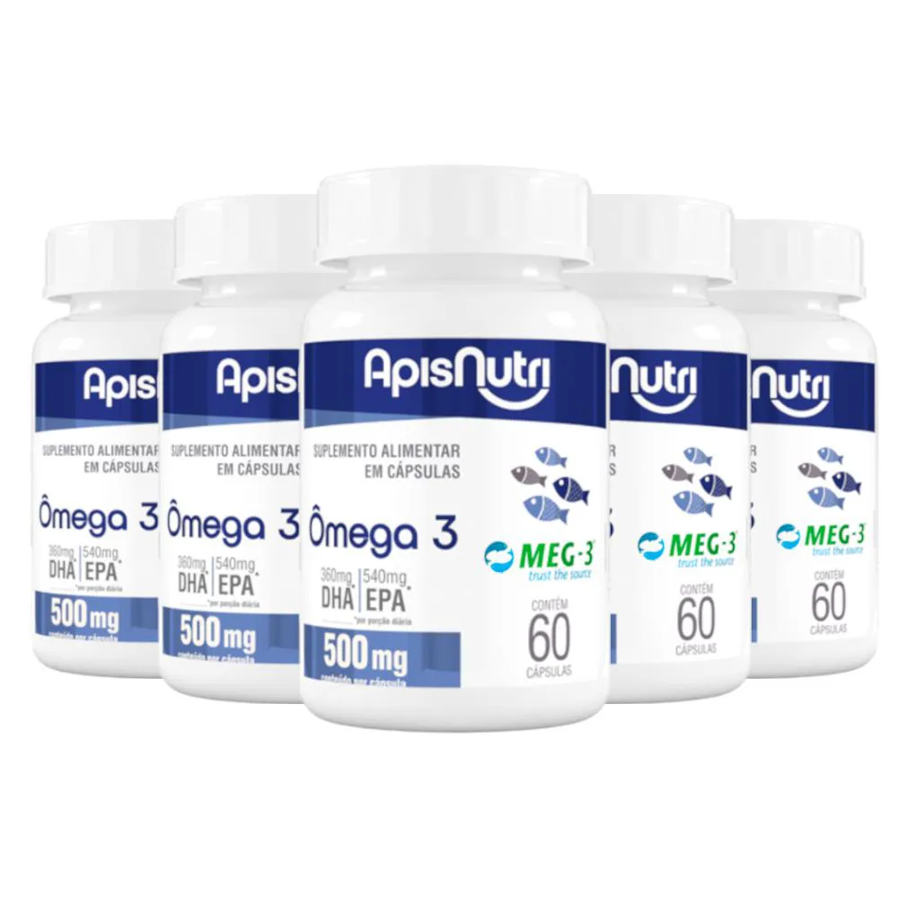KIT 5 ÔMEGA 3 EPA DHA ÓLEO DE PEIXE MEG-3 APISNUTRI 60 CáPSULAS