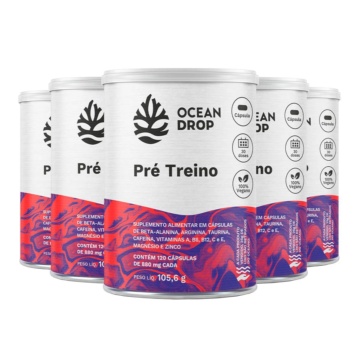 KIT 5 PRé TREINO OCEAN DROP VEGANO 120 CáPSULAS