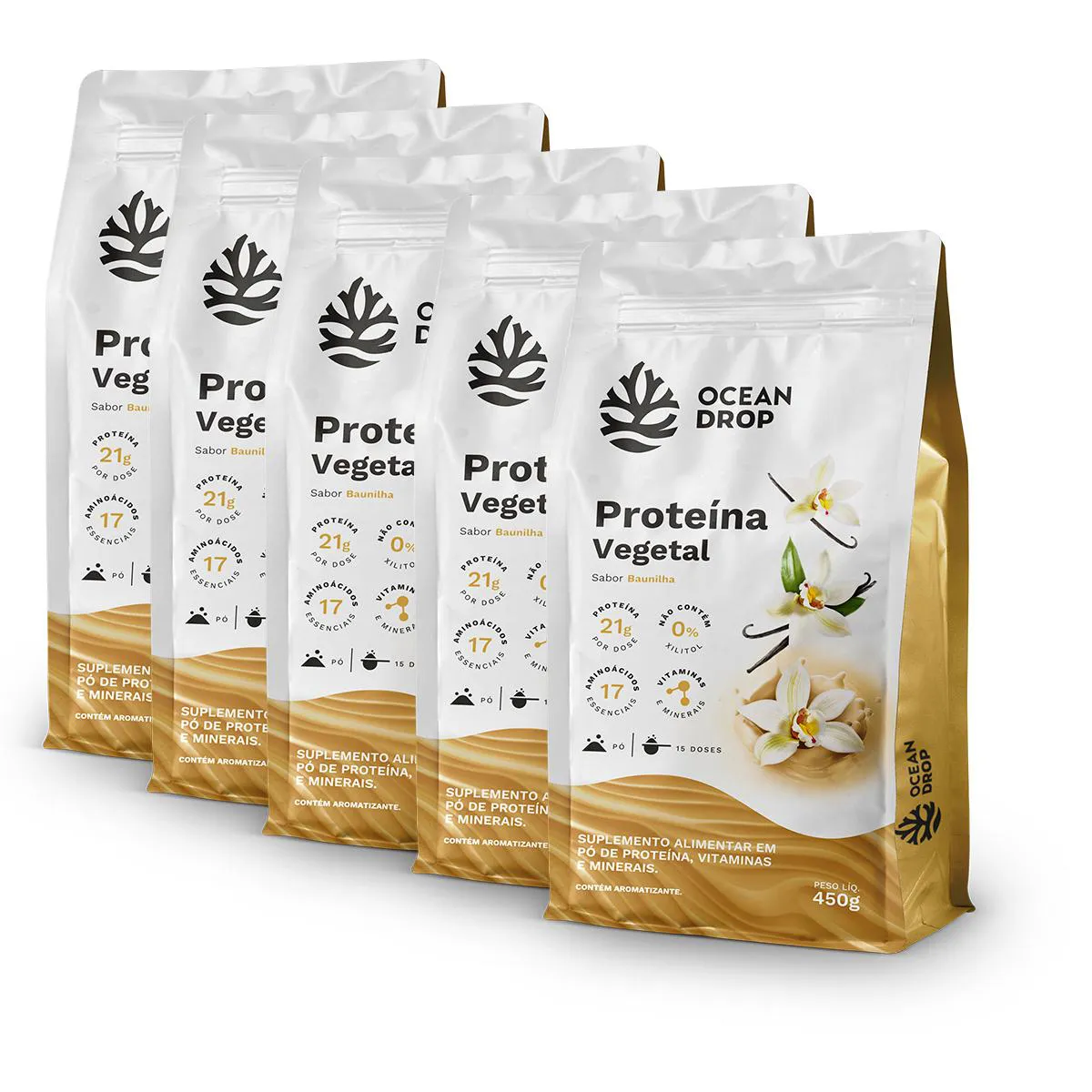 KIT 5 PROTEíNA VEGETAL OCEAN DROP 450G SABOR BAUNILHA