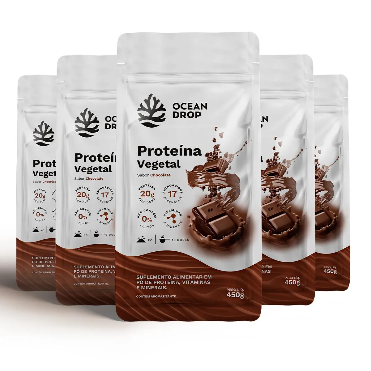 KIT 5 PROTEíNA VEGETAL OCEAN DROP 450G SABOR CHOCOLATE