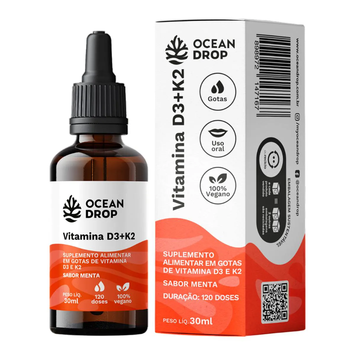 VITAMINA D3 + K2 EM GOTAS OCEAN DROP 30ML SABOR MENTA