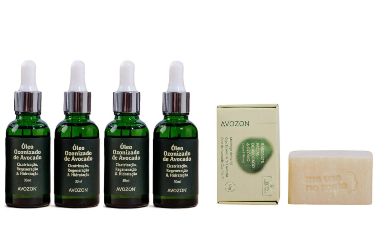 KIT 4 ÓLEO DE AVOCADO OZONIZADO + SABONETE FACIAL GRáTIS HIDRATA REGENERA CICATRIZA
