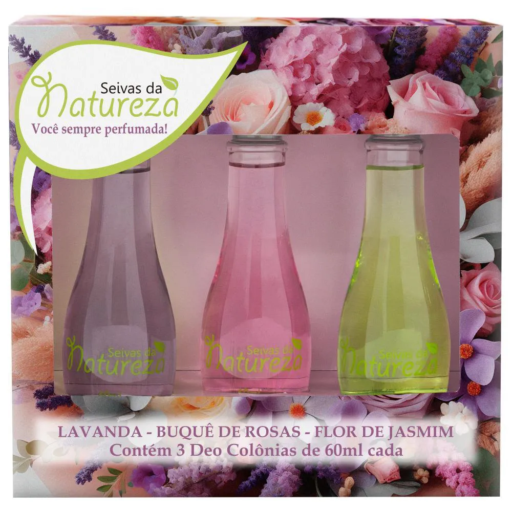 AROMÁTICA ESTOJO COM 3 DEO COLÔNIAS – SEIVAS DA NATUREZA 60ML – BUQUÊ DE ROSAS, LAVANDA E FLOR DE JASMIM