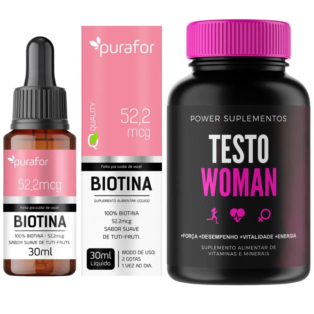 1 SUPLEMENTO FEMINO T. WOMAN MULTIVITAMíNICO MAGNéSIO + ZINCO + SELêNIO 60 CáPSULAS + GOTAS - BIOTINA 30ML - PURAFOR QUA Neutro