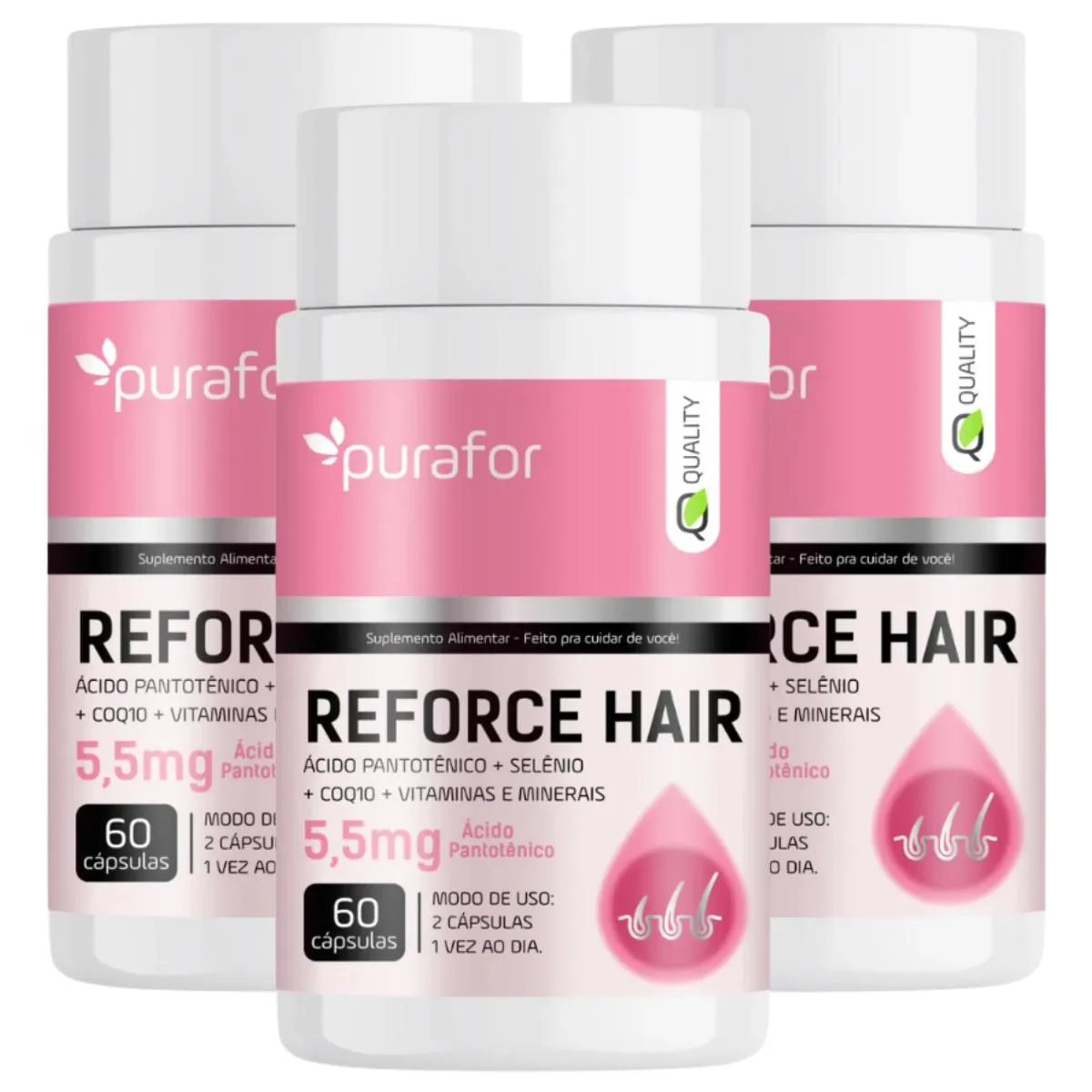 3 REFORCE HAIR 60CAPS - PURAFOR QUALITY Neutro
