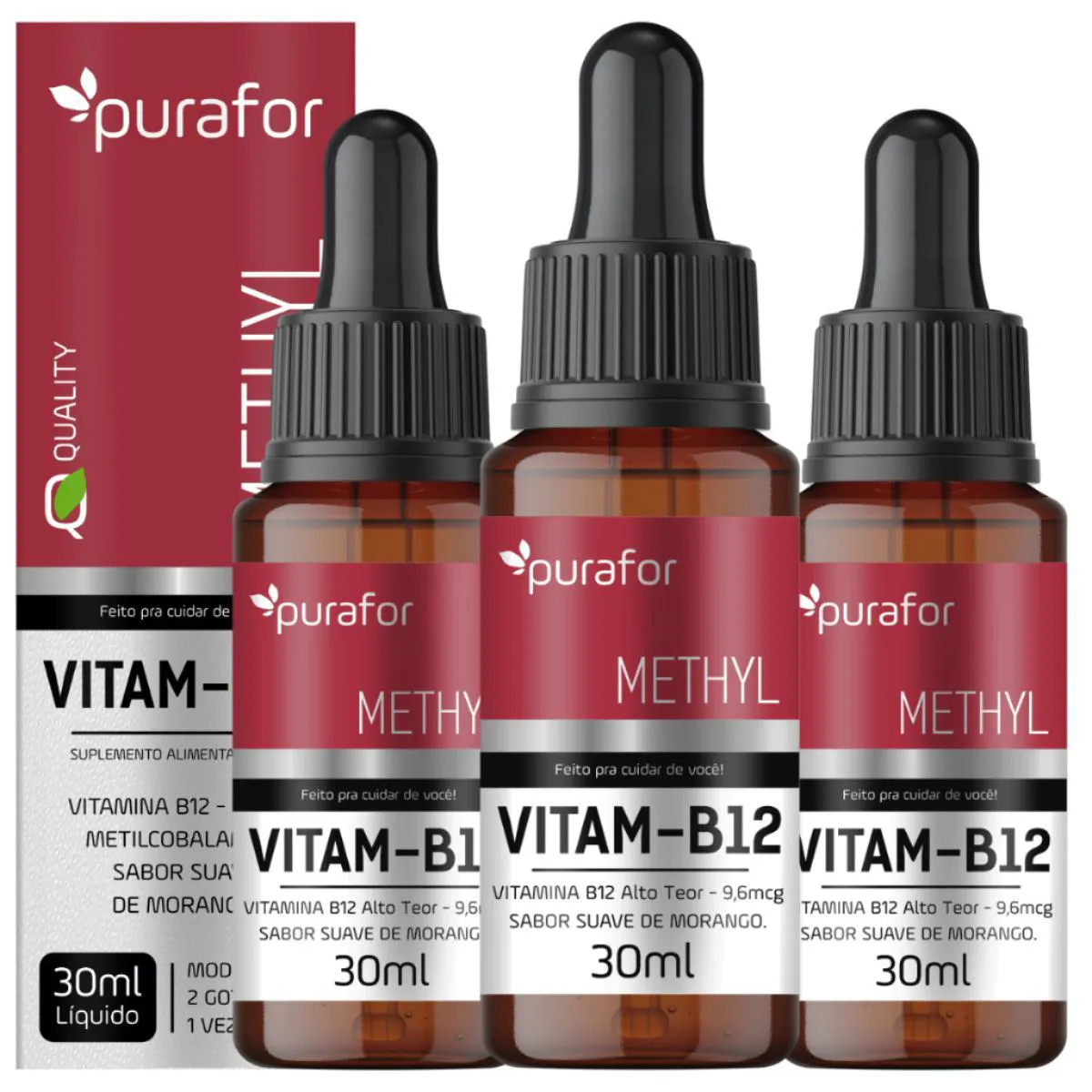 3 SUPLEMENTO ALIMENTAR VITAMINA B12 LíQUIDA METILCOBALAMINA 30ML PURAFOR ALTA CONCENTRAçãO RáPIDA ABSORçãO E PRATICIDA Neutro