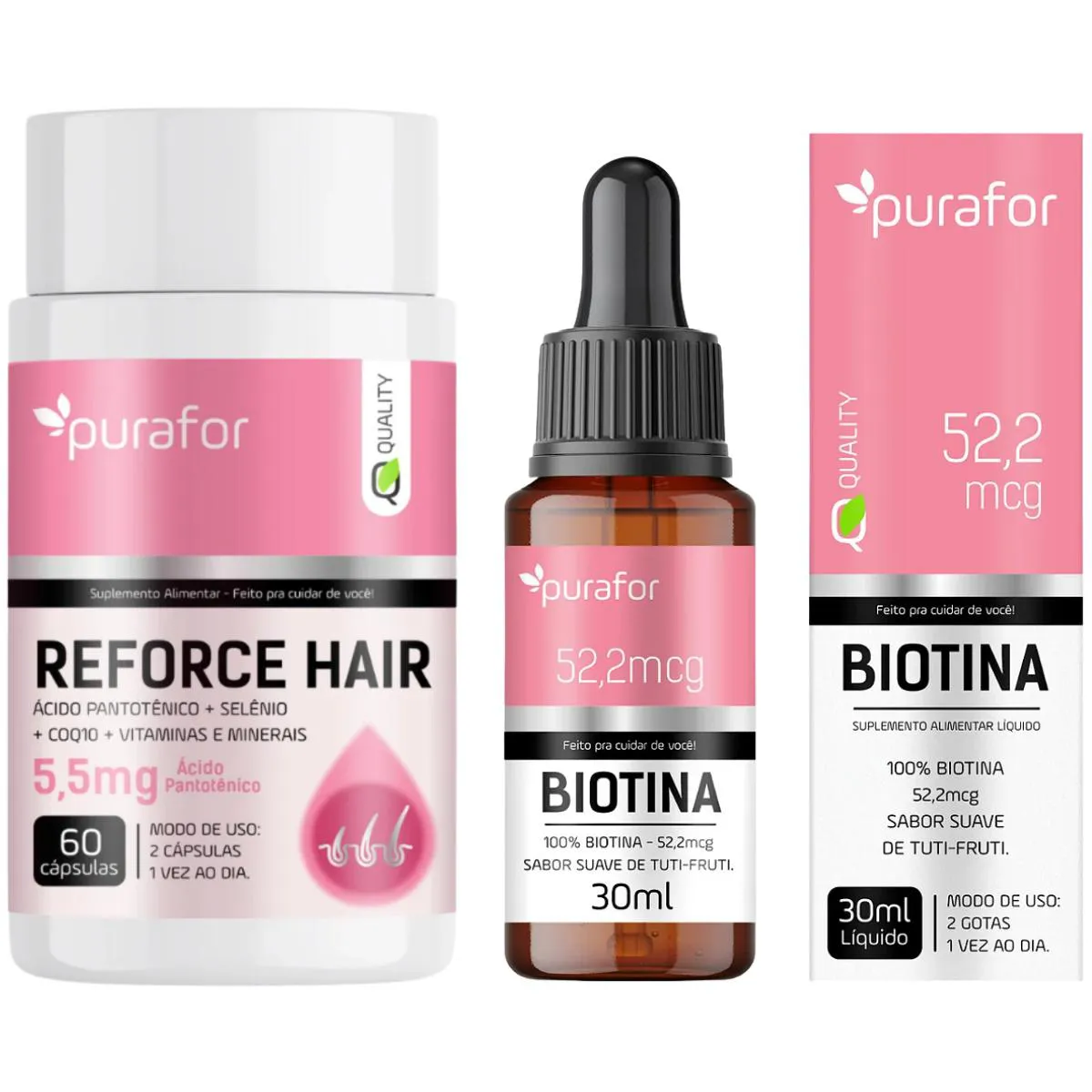 REFORCE HAIR 60CAPS - PURAFOR QUALITY - BEAUTY + GOTAS - BIOTINA 30ML - PURAFOR QUALITY - BEAUTY Neutro