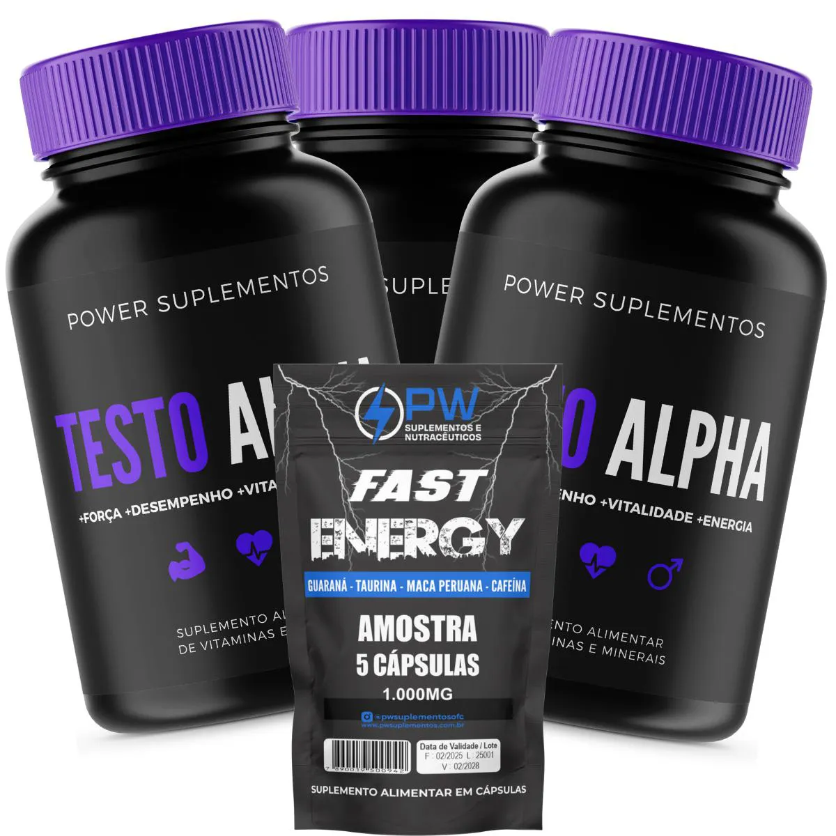 3X SUPLEMENTOS T. ALPHA 90 CPS + BRINDE FAST ENERGY AMOSTRA 5 CPS Neutro