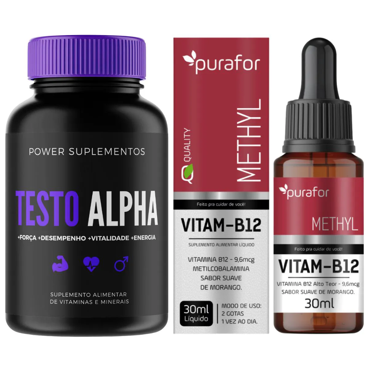 1 TESTO ALPHA CENTRUM SUPLEMENTO MASCULINO +1 SUPLEMENTO ALIMENTAR VITAMINA B12 GOTAS METILCOBALAMINA 30ML PURAFOR Neutro