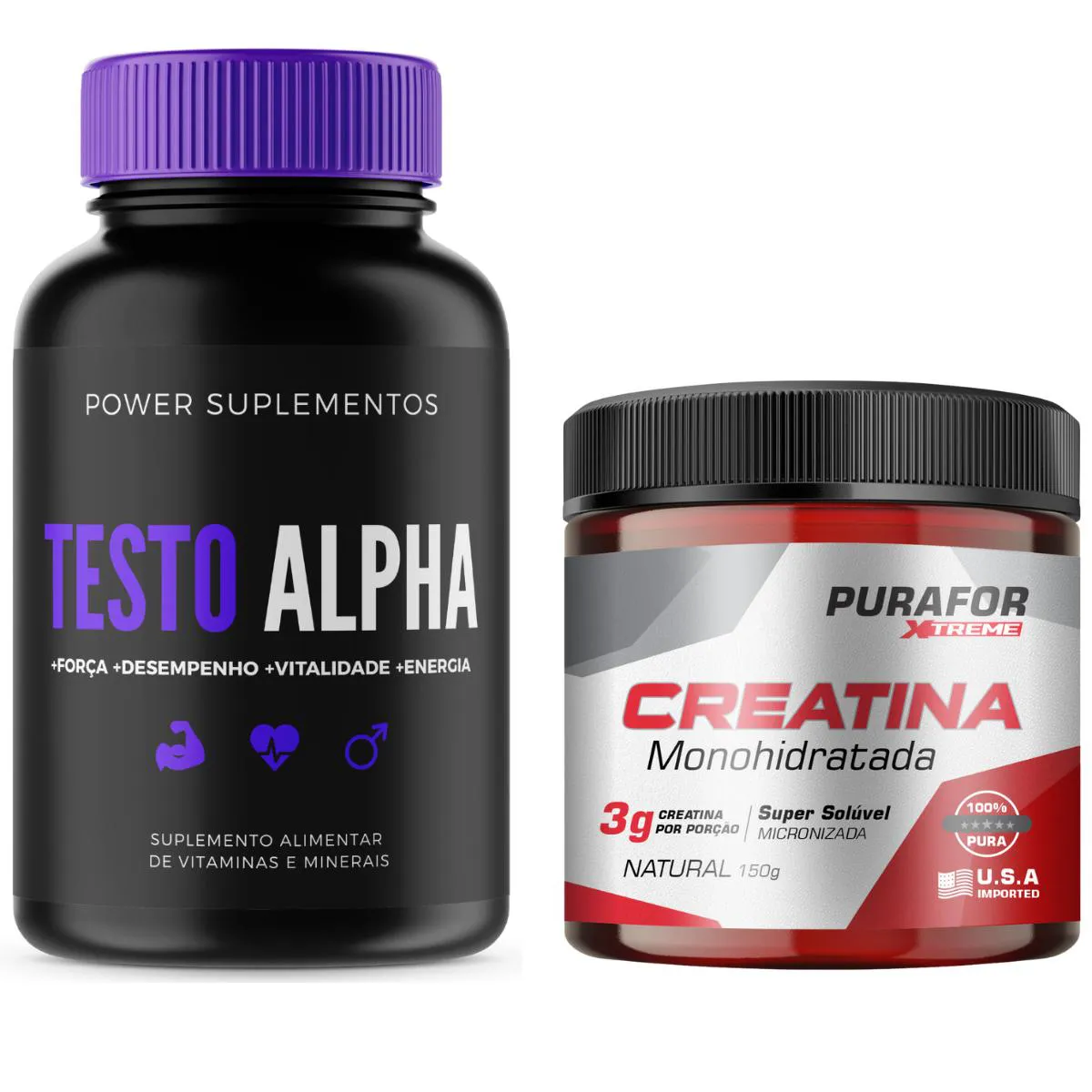 COMBO SUPLEMENTO MASCULINO TESTOALPHA 60 CÁPSULAS + CREATINA MONOHIDRATADA 150G Neutro
