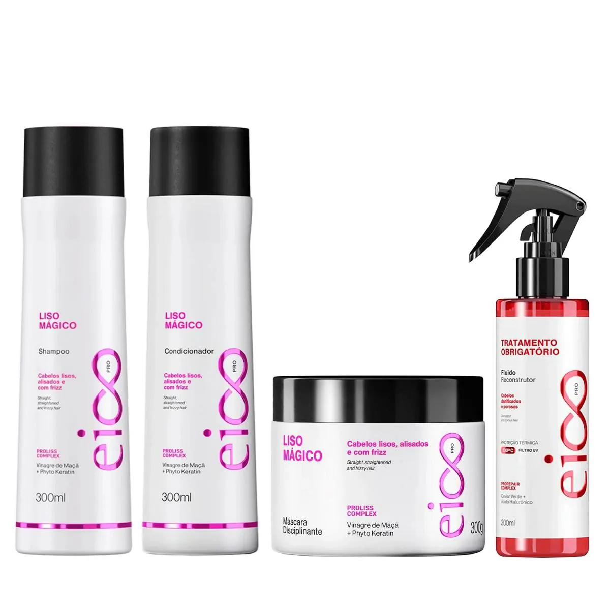 KIT EICO LISO MáGICO - SHAMPOO 300ML + CONDICIONADOR 300ML + MáSCARA 300G + FLUIDO TRATAMENTO OBRIGATóRIO 200ML