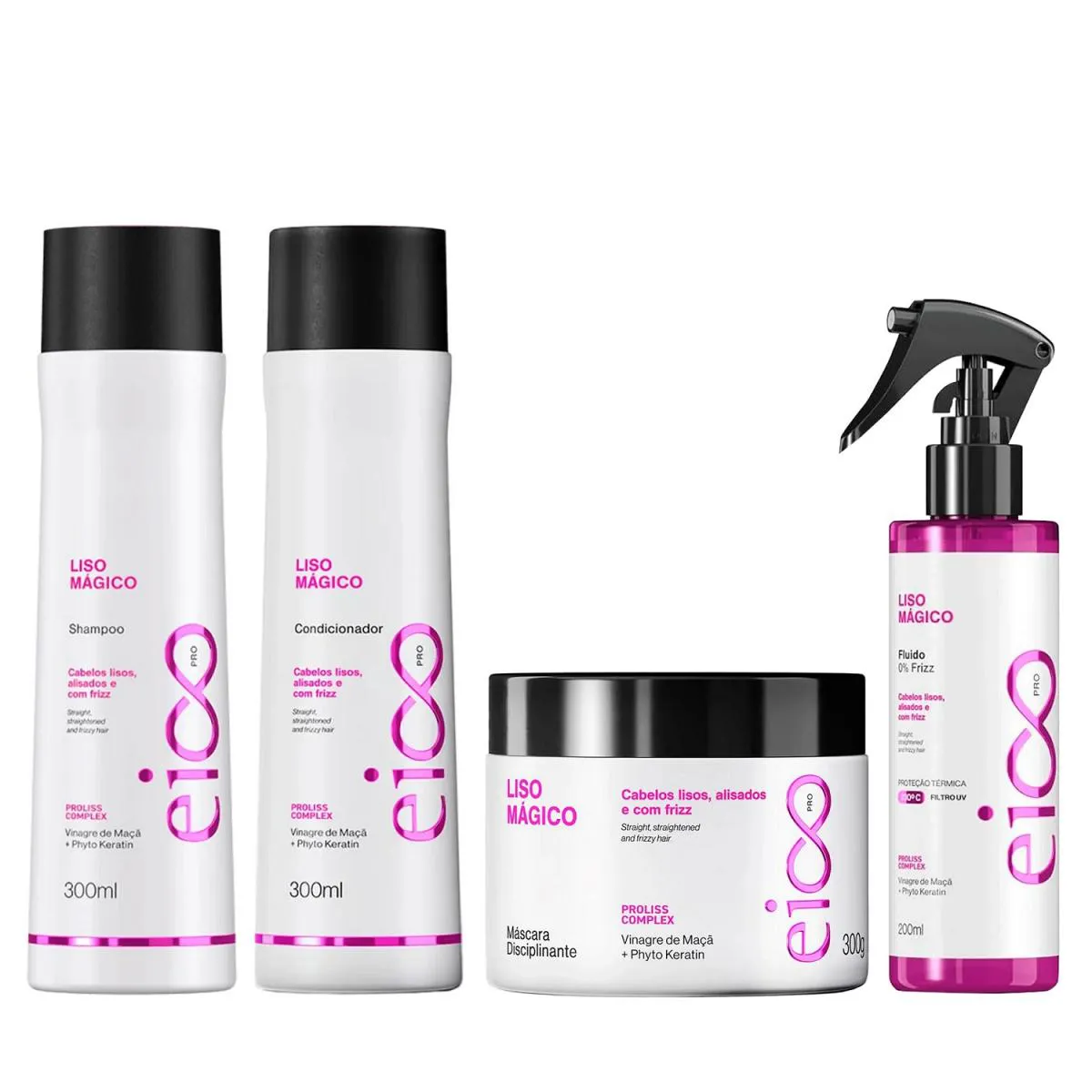 KIT EICO PRO LISO MáGICO - SHAMPOO 300ML + CONDICIONADOR 300ML + MáSCARA 300G + FLUIDO 200ML