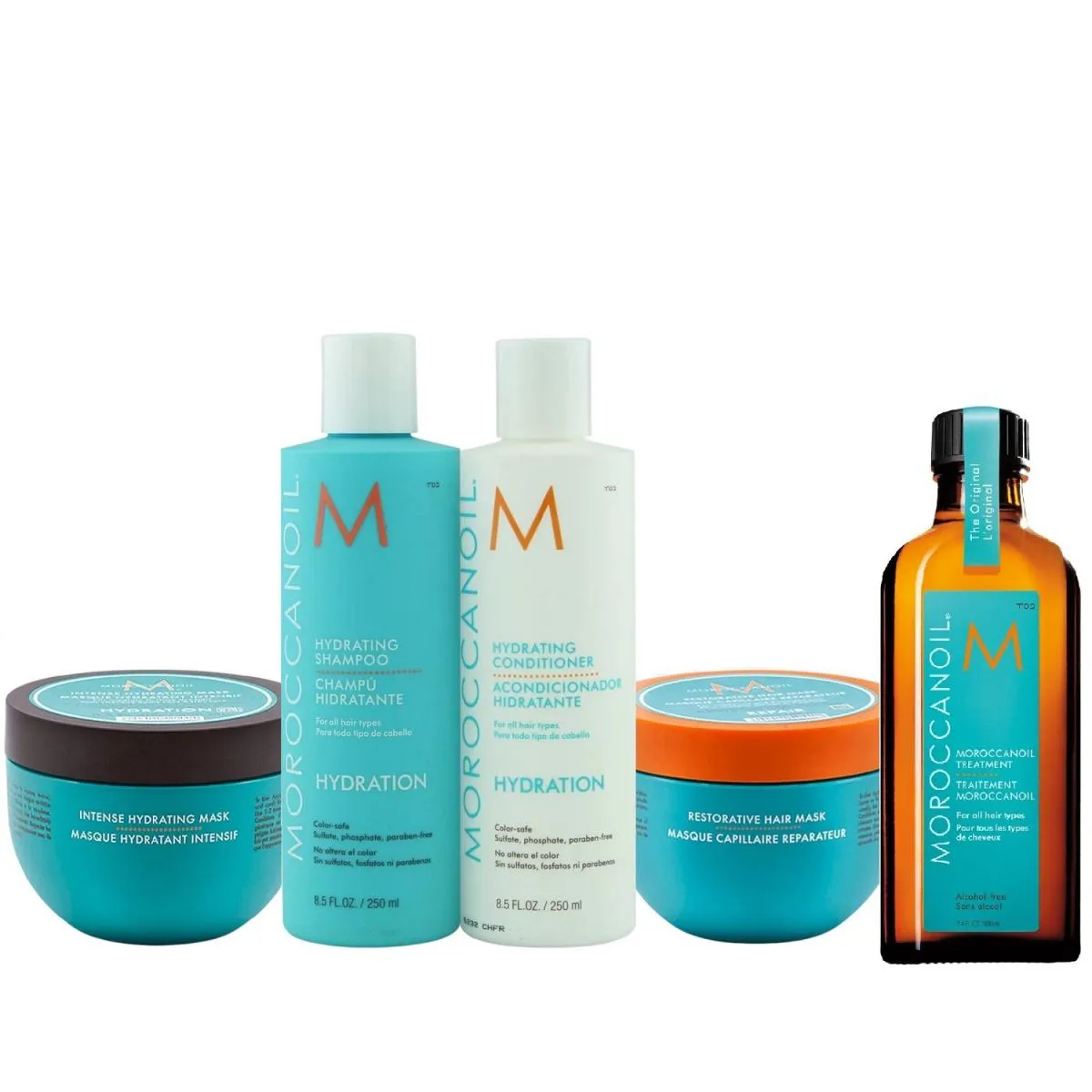 KIT MOROCCANOIL HYDRATING - SHAMPOO 250ML + CONDICIONADOR 250ML + MáSCARA 250G + RESTORATIVE MASK 250G + ÓLEO 100ML