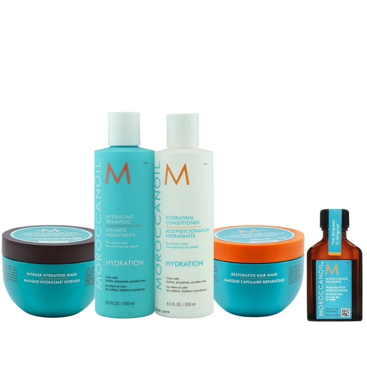 KIT MOROCCANOIL HYDRATING - SHAMPOO 250ML + CONDICIONADOR 250ML + MáSCARA 250G + RESTORATIVE MASK 250G + ÓLEO 25ML