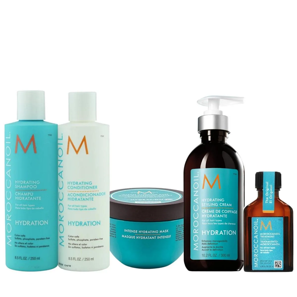 KIT MOROCCANOIL HYDRATING - SHAMPOO 250ML + CONDICIONADOR 250ML + MáSCARA 250G + STYLING CREAM 300ML + ÓLEO 25ML