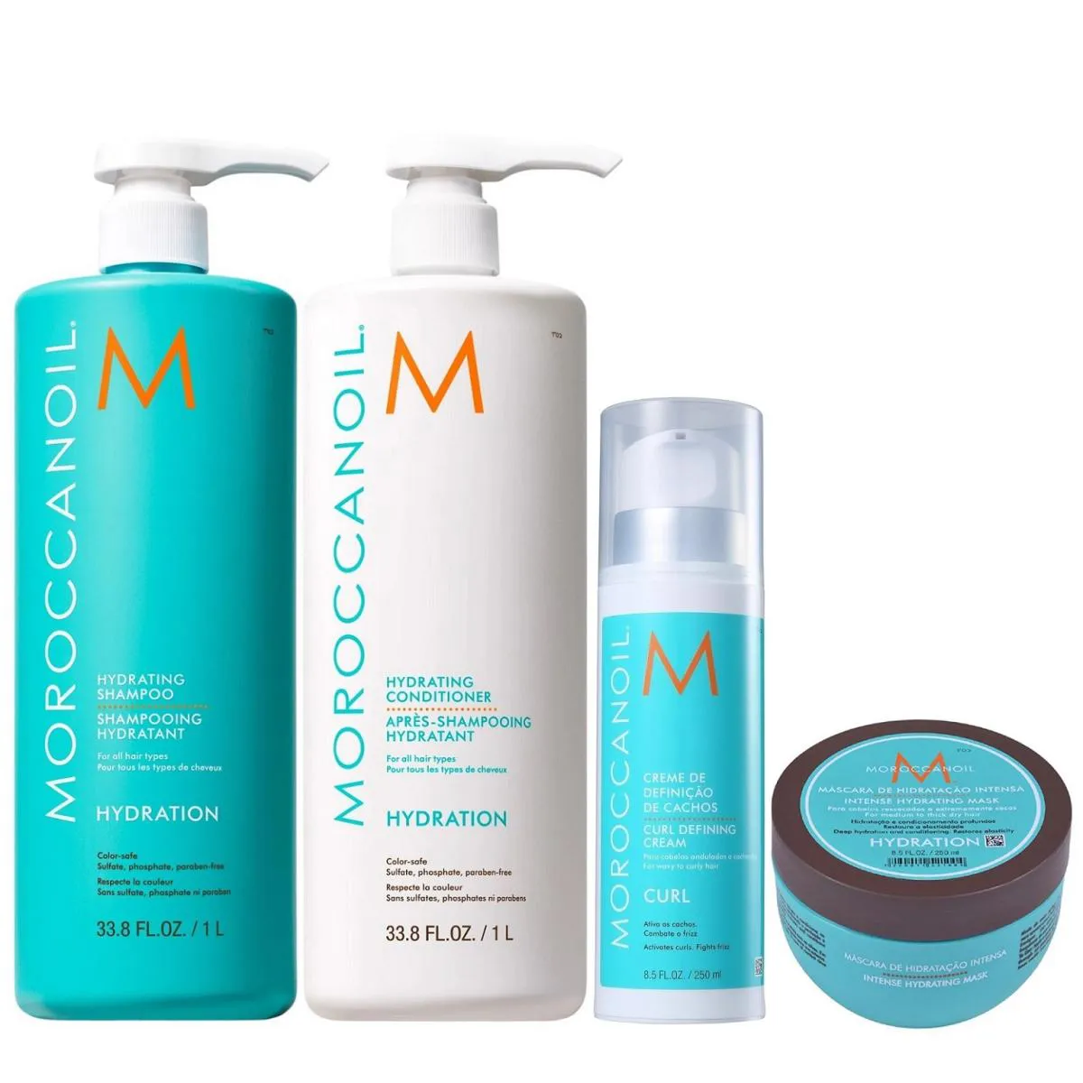KIT MOROCCANOIL HYDRATION - SHAMPOO 1L + CONDICIONADOR 1L + CURL DEFINING CREAM 250ML + INTENSE HYDRATING MASK 250G