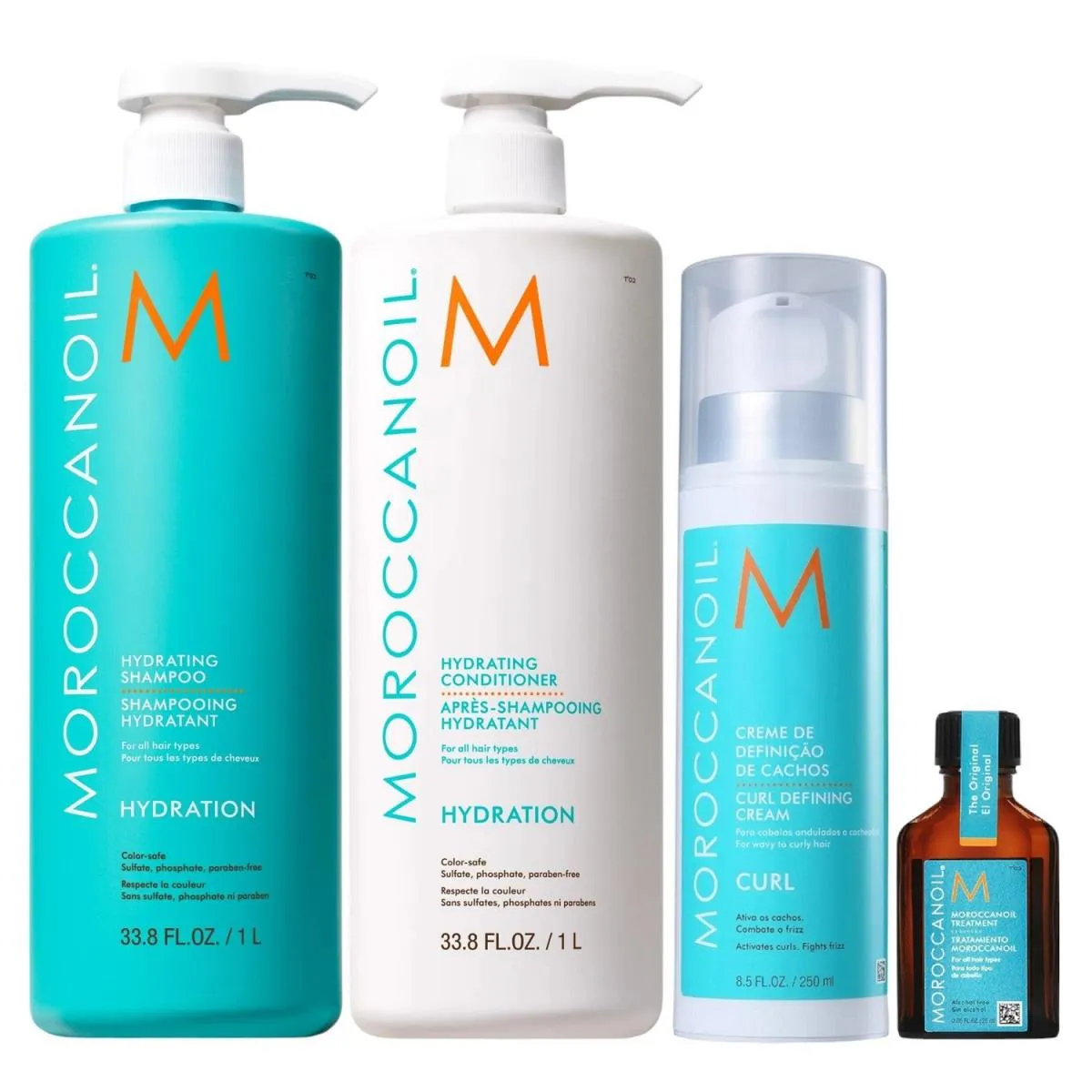 KIT MOROCCANOIL HYDRATION - SHAMPOO 1L + CONDICIONADOR 1L + CURL DEFINING CREAM 250ML + ÓLEO 25ML