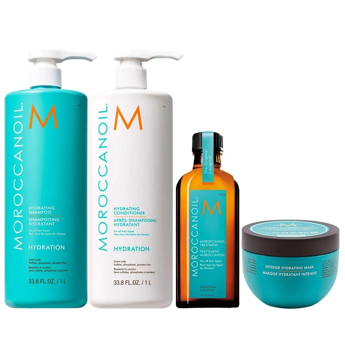 KIT MOROCCANOIL HYDRATION - SHAMPOO 1L + CONDICIONADOR 1L + INTENSE HYDRATING MASK 250G + ÓLEO 100ML