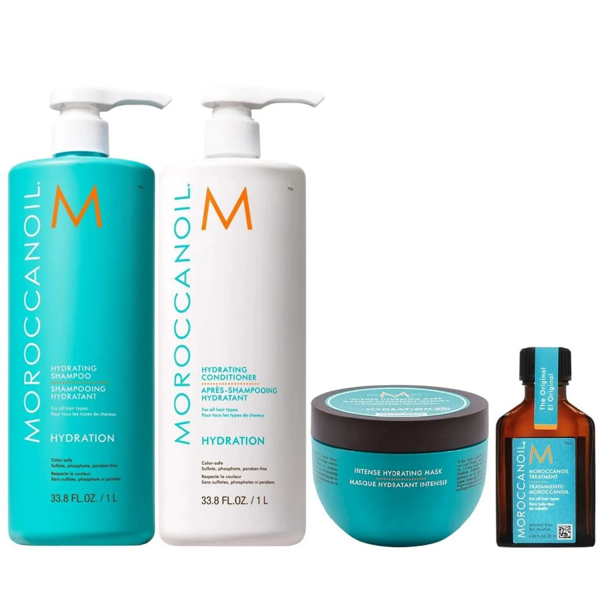 KIT MOROCCANOIL HYDRATION - SHAMPOO 1L + CONDICIONADOR 1L + INTENSE HYDRATING MASK 250G + ÓLEO 25ML
