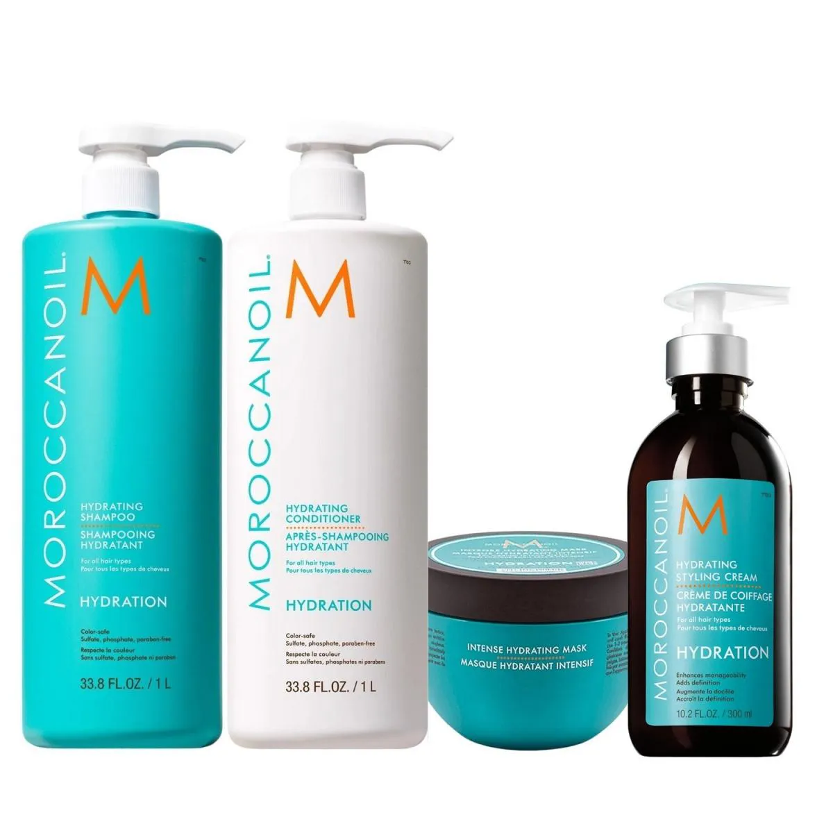 KIT MOROCCANOIL HYDRATION - SHAMPOO 1L + CONDICIONADOR 1L + STYLING CREAM 300ML + INTENSE HYDRATING MASK 250G